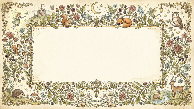 Whimsical fairytale woodland border frame with forest animals and magical castle illustrations.