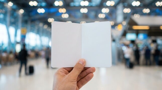 Blank open passport booklet held by hand with empty pages for copy space at airport terminal