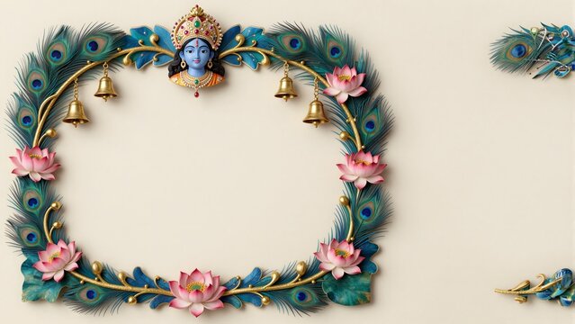 Krishna deity face framed by vibrant peacock feathers and soft pink lotus flowers with golden hanging bells creating a traditional spiritual border on a light beige background for religious 
