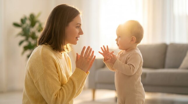 A devoted deaf parent passionately engages their baby in the beauty of sign language in a warmly lit studio.