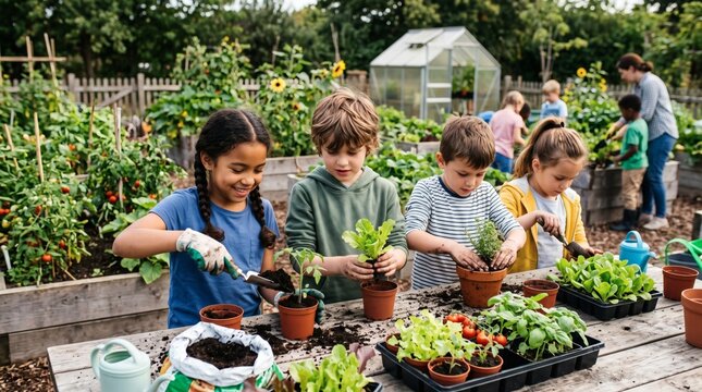Children enthusiastically planting seedlings in a community garden with a teacher supervising