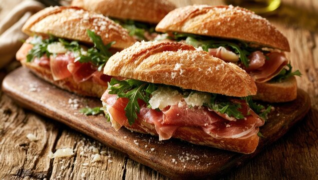 Delicious prosciutto and arugula baguette sandwiches sprinkled with cheese