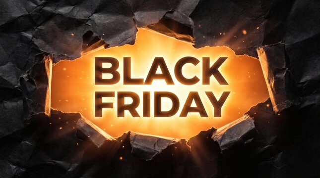 Black Friday Sale Event Glowing Text Emerging From Torn Black Paper With Sparks