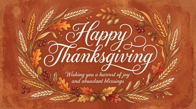 Happy Thanksgiving greeting card with autumn harvest elements and a warm message