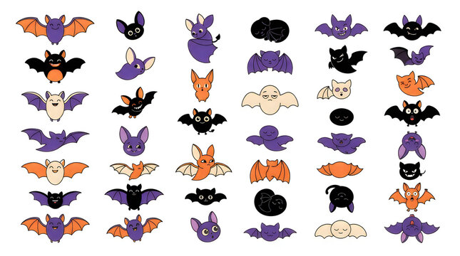 Cute cartoon bats collection, adorable Halloween characters set, hand-drawn spooky creatures illustrations, purple orange black graphics, kawaii insects for design halloween bats