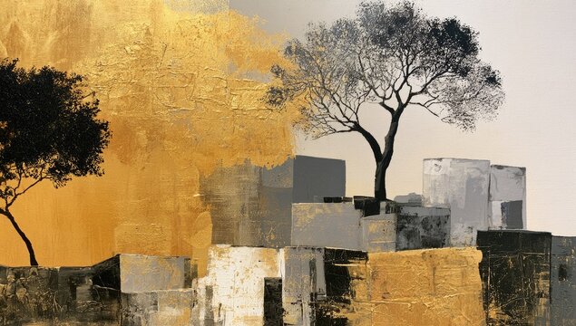 Abstract textured landscape with silhouetted trees on layered structures