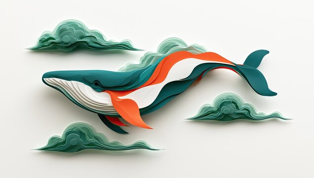 Whimsical paper-cut whale swimming through layered green clouds