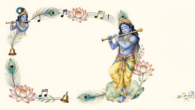 Lord Krishna playing his melodic golden flute surrounded by vibrant peacock feathers and soft pink lotus flowers arranged in a beautiful watercolor frame design on a clean light background