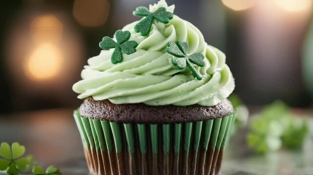 St. Patrick's Day Cupcake with Green Frosting and Shamrock Sprinkles