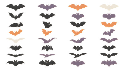 Fototapeta premium Vintage Bat Icon Set, Retro Halloween Vector Symbols, Spooky Flying Animal Silhouettes, Orange Purple Black Colors, Autumn Decor Elements halloween bats