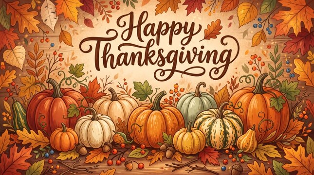 Happy Thanksgiving Autumn Harvest Pumpkins Leaves and Berries Decorative Illustration