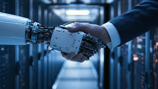 Human and robotic hand shake in a futuristic server room
