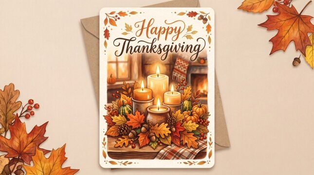 Cozy Thanksgiving Card with Lit Candles Pumpkins Autumn Leaves and Fireplace Scene