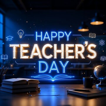 Happy teachers day greeting card banner with glowing neon typography and study desk elements teacher s education greeting celebration typography