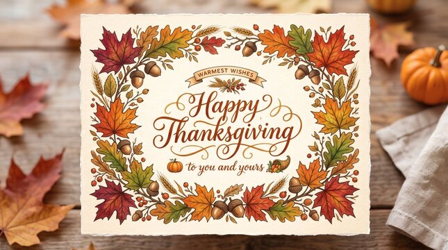 Happy Thanksgiving Greeting Card with Autumn Leaves Acorns and Pumpkins on Wooden Background