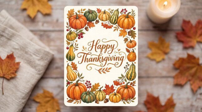 Happy Thanksgiving Greeting Card with Pumpkins Gourds and Autumn Leaves on Wooden Background