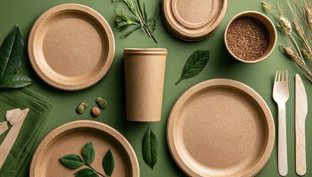 Earthy, compostable tableware and cutlery arranged with natural elements