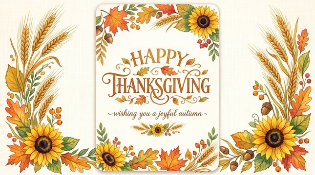 Happy Thanksgiving Greeting Card with Autumn Leaves Sunflowers Wheat and Acorns