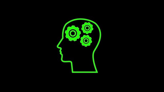Human head and rotating gears inside. Technological diagram of engineering gears inside the brain, artificial intelligence. Animation on transparent background with alpha channel