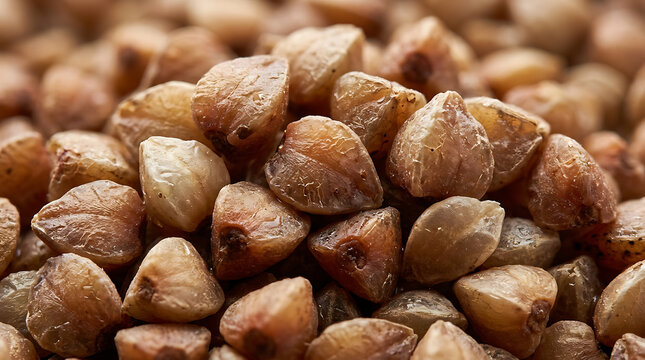 Macro close-up of raw buckwheat grains, healthy whole grain food