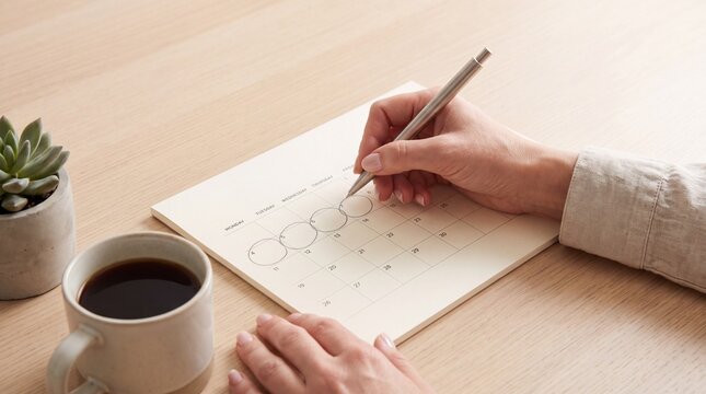 A clean wooden desk features hands marking a four-day work week on a calendar