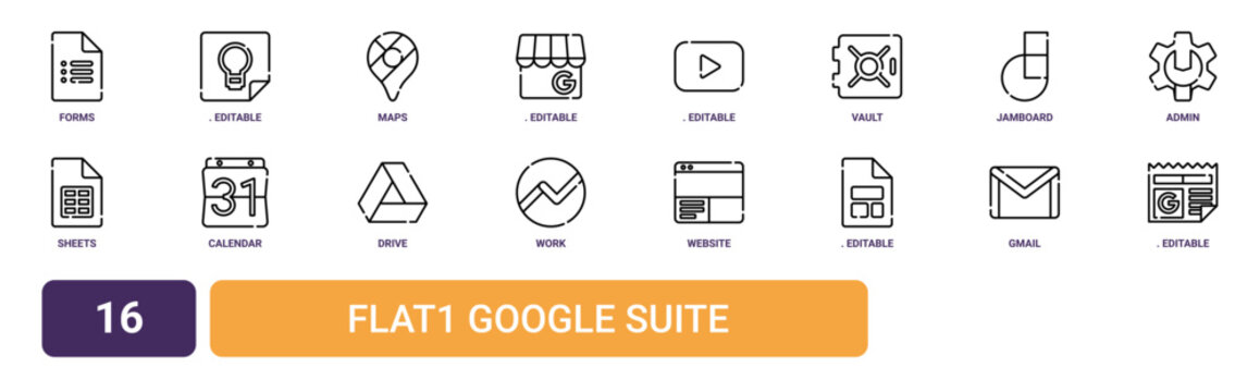 Set of 16 outline web Flat1 Google Suite icons such as. editable stroke. for use on web and mobile apps, logo, print media. Thin illustration. isolated drawing. Illustration from suite collection..,
