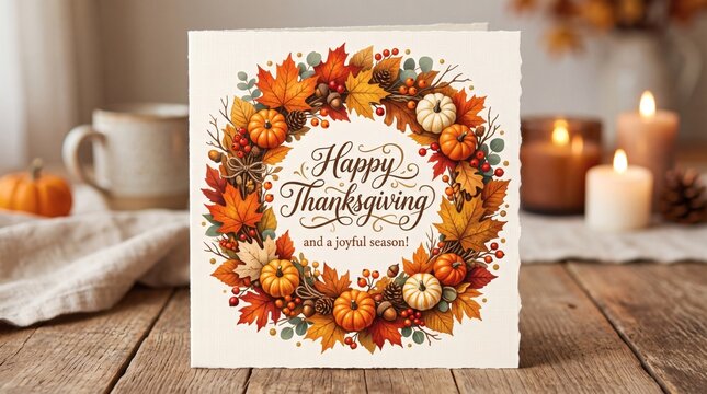 Happy Thanksgiving Card with Autumn Wreath and Festive Decorations on Wooden Table