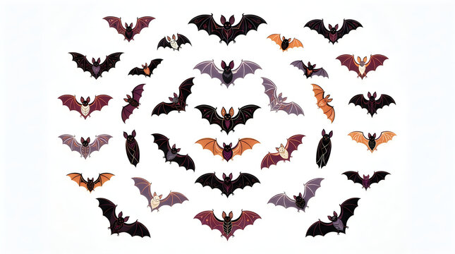Vintage bat collection, dark and colorful bats in various poses, flying silhouette cluster for Halloween or spooktober design, vector style icons halloween bats