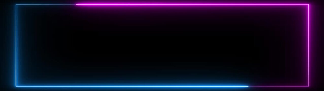 Square rectangle picture frame with two tone neon color motion graphic on isolated black background. Blue and pink light moveing for overlay element. Motion graphics of neon rectangle