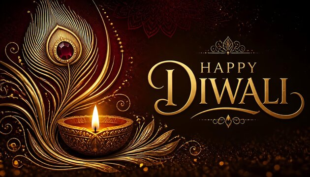 Happy diwali festive background with glowing diya oil lamp and golden peacock feather festival background greeting template typography religion