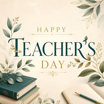 Happy teacher day greeting card with stacked books green leaves a pencil education greeting template typography celebration learning knowledge