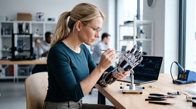 Female engineer meticulously assembling a complex robotic hand with advanced technology in a modern laboratory setting