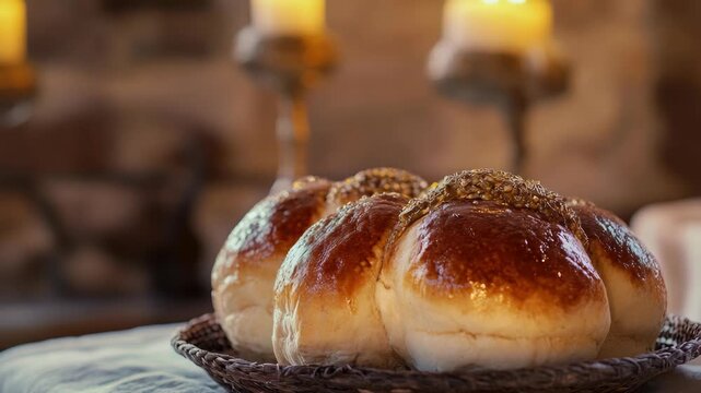 Golden glazed brioche buns with sprinkles in a rustic basket