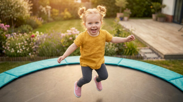 Happy toddler girl jumping on trampoline in sunny backyard, active childhood and outdoor recreation