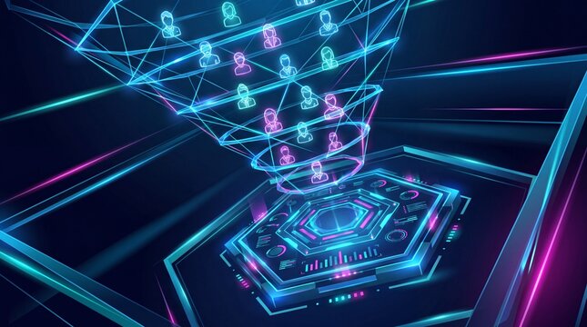 A dynamic visual illustrating the lead generation journey with glowing avatars