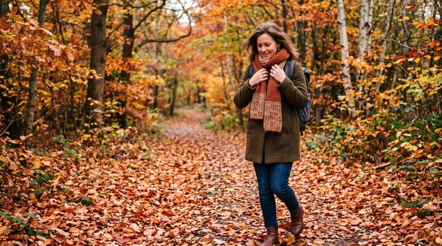 Woman walking on a path covered in autumn leaves, enjoying the fall season in a forest