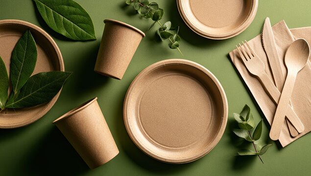 Eco-friendly disposable tableware and greenery arranged stylishly