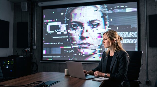 Woman working on laptop in front of large screen displaying glitching digital face and data
