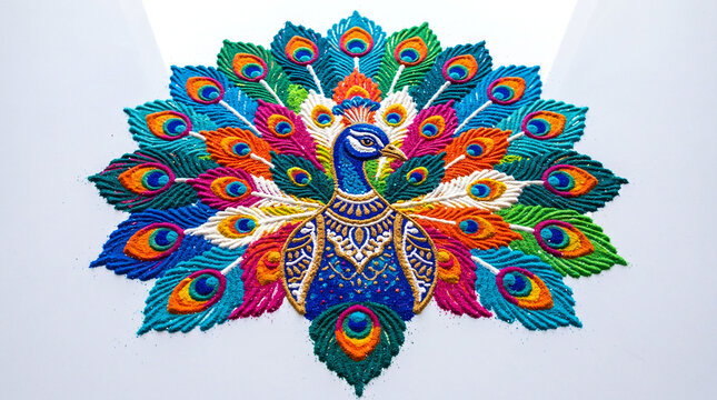 colorful Rangoli design of Peacock with feather made from color powder, decoration for Hindu festival Diwali, new year, Holi, wall art, banner, birthday, wedding party, white background, copy space