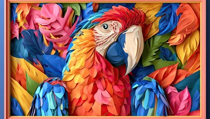 Fototapeta premium Colorful paper sculpture of a scarlet macaw bird surrounded by vibrant tropical leaves