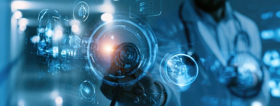 Doctor using futuristic holographic interface with medical data visualization