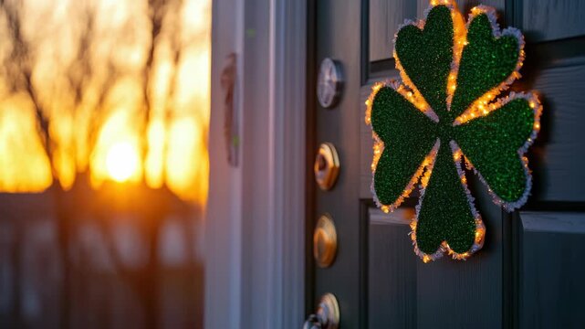 Glowing Glittery Shamrock Decoration on Front Door for St. Patrick's Day