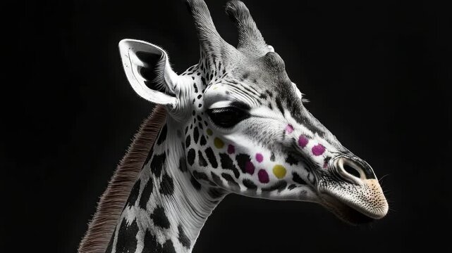 Artistic Portrait of a Giraffe Head with Colorful Dots on Black Background