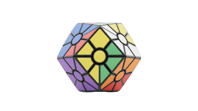 Multi-colored dodecahedron puzzle cube with geometric patterned faces and rounded circular center pieces isolated on a transparent background
