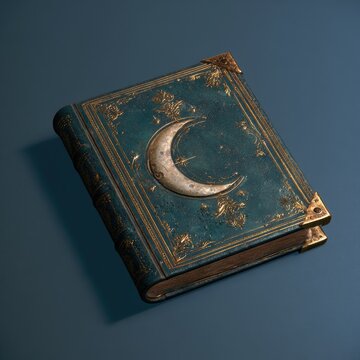 Ornate antique book with a crescent moon emblem on a teal cover