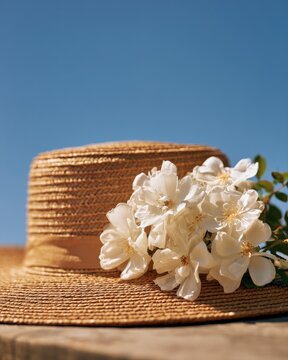 Straw hat adorned with delicate white blossoms against a clear blue sky