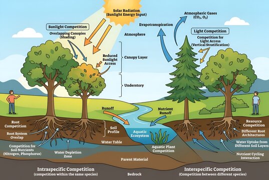 An educational diagram illustrating ecological processes, interspecific competition, and forest ecosystem dynamics