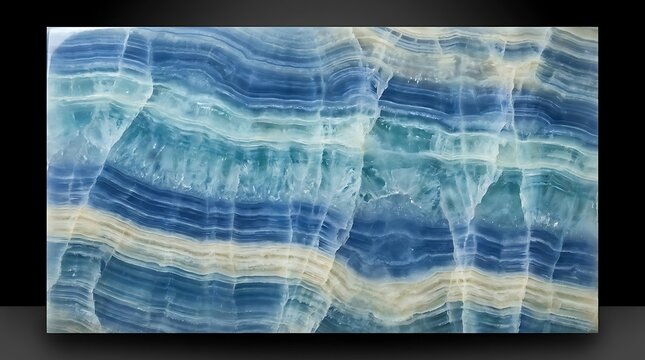 Polished blue onyx slab with dramatic wavy white and turquoise mineral striations turquoise background interior architecture polished naturalis