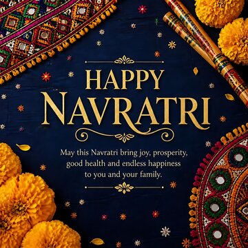 Happy navratri greeting card template with traditional indian festive decorations on dark blue background navratri greeting template festival