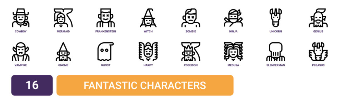 Set of 16 outline web Fantastic Characters icons such as pegasus, slenderman, medusa, poseidon, harpy, ghost, gnome vector icons for report, presentation, diagram, web design, mobile app